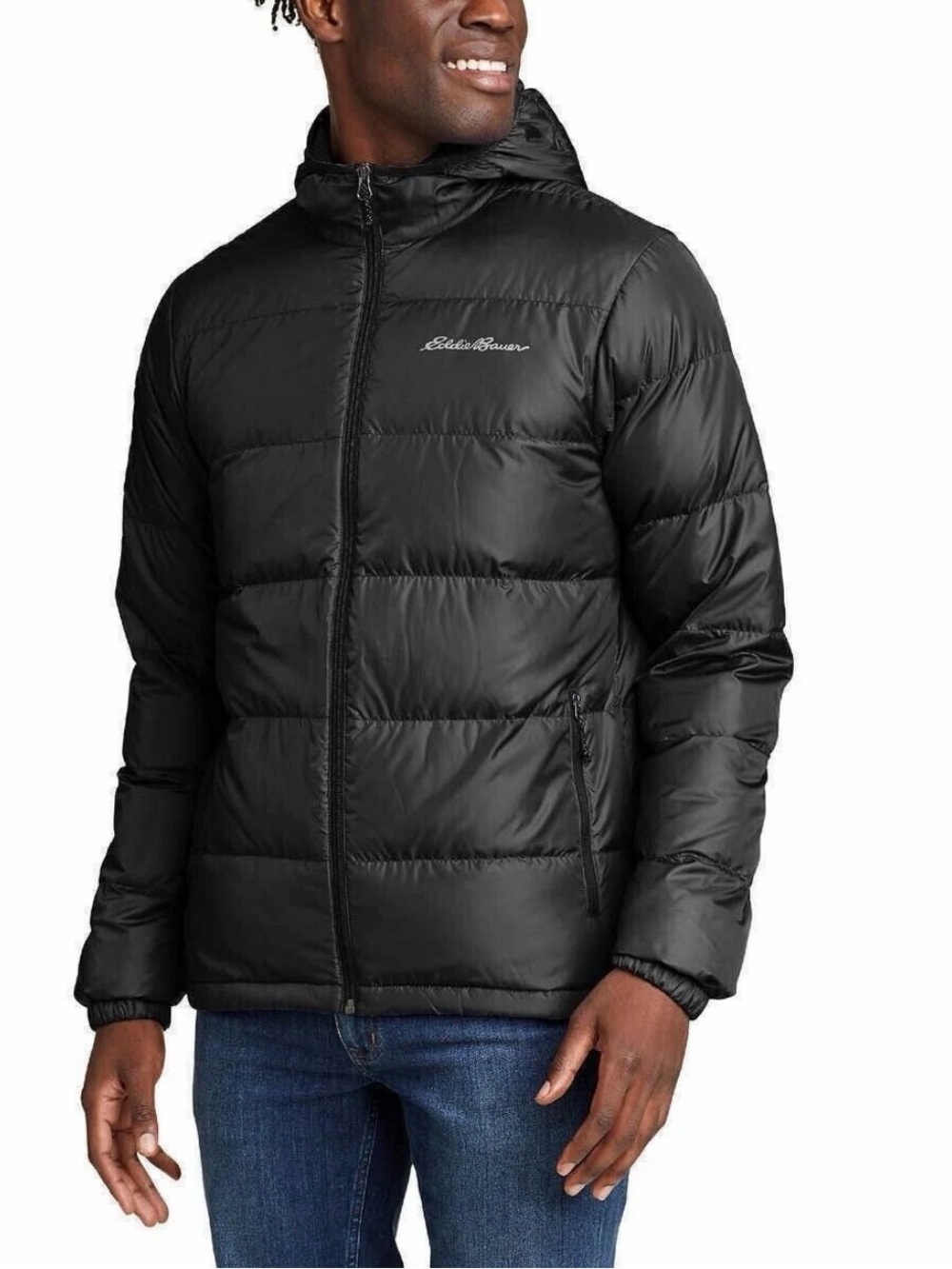 Eddie Bauer EB650 Men's L Black Hooded 650 Fill Down Packable Puffer Jacket